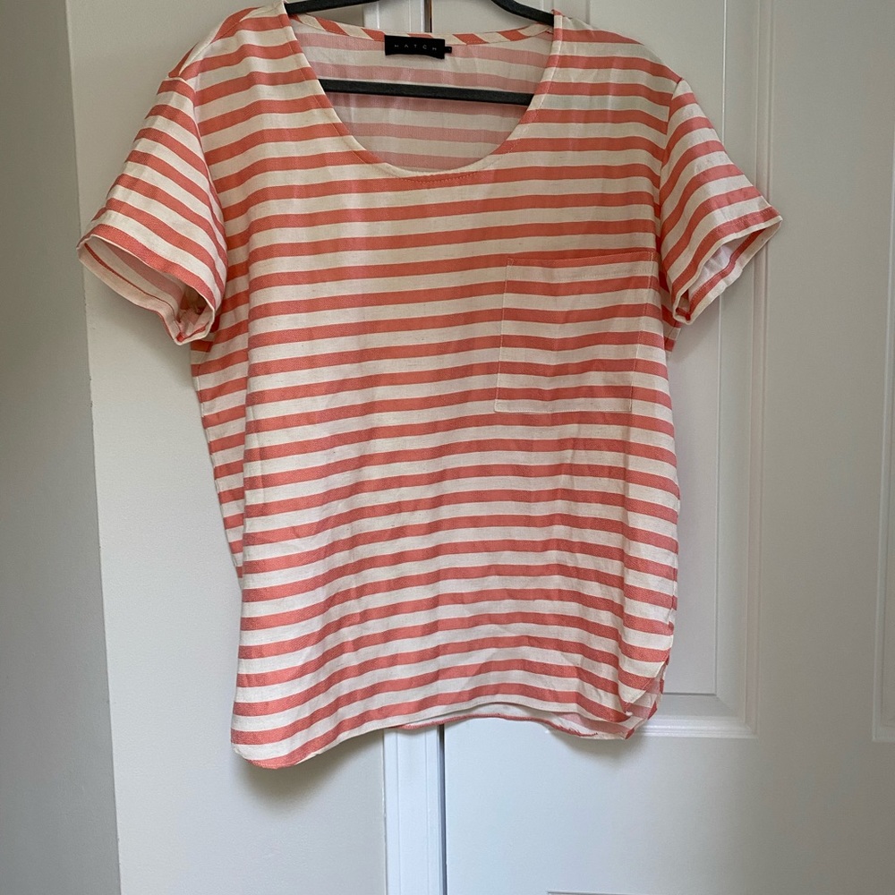 Hatch Striped Coral and White Short Sleeve Blouse